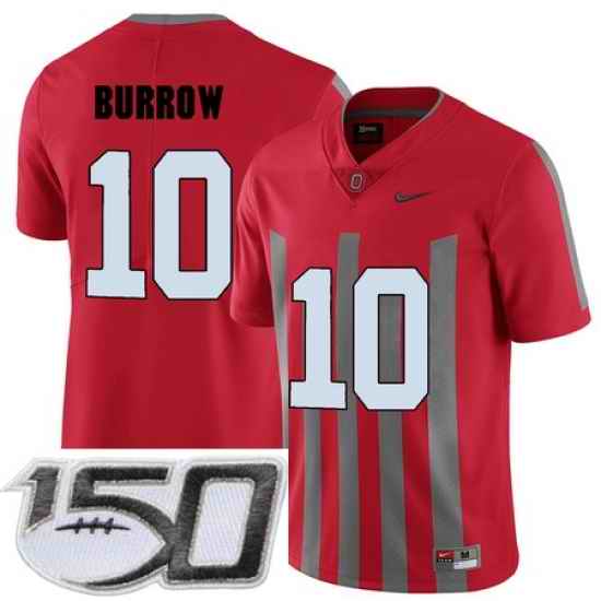 Ohio State Buckeyes 10 Joe Burrow Red College Football Elite Stitched 150th Anniversary Patch Jersey